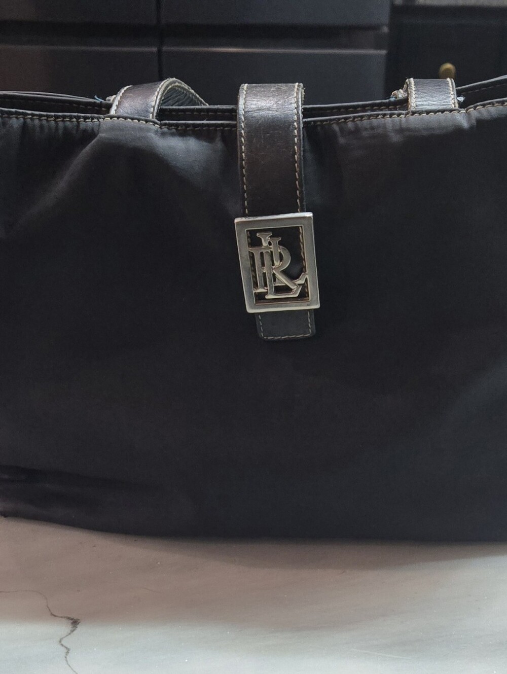 Vintage Lauren Ralph Lauren Black Nylon Tote Y2K Monogram Buckle Flawed